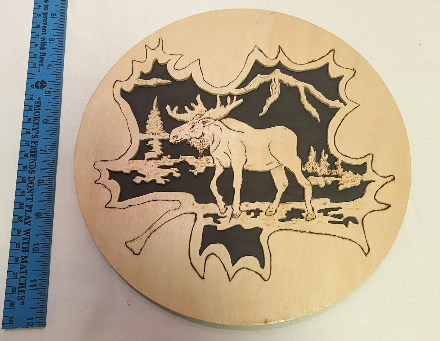 Scroll Sawn Original Art Moose Mountain Scene Over Mapleleaf Black Background