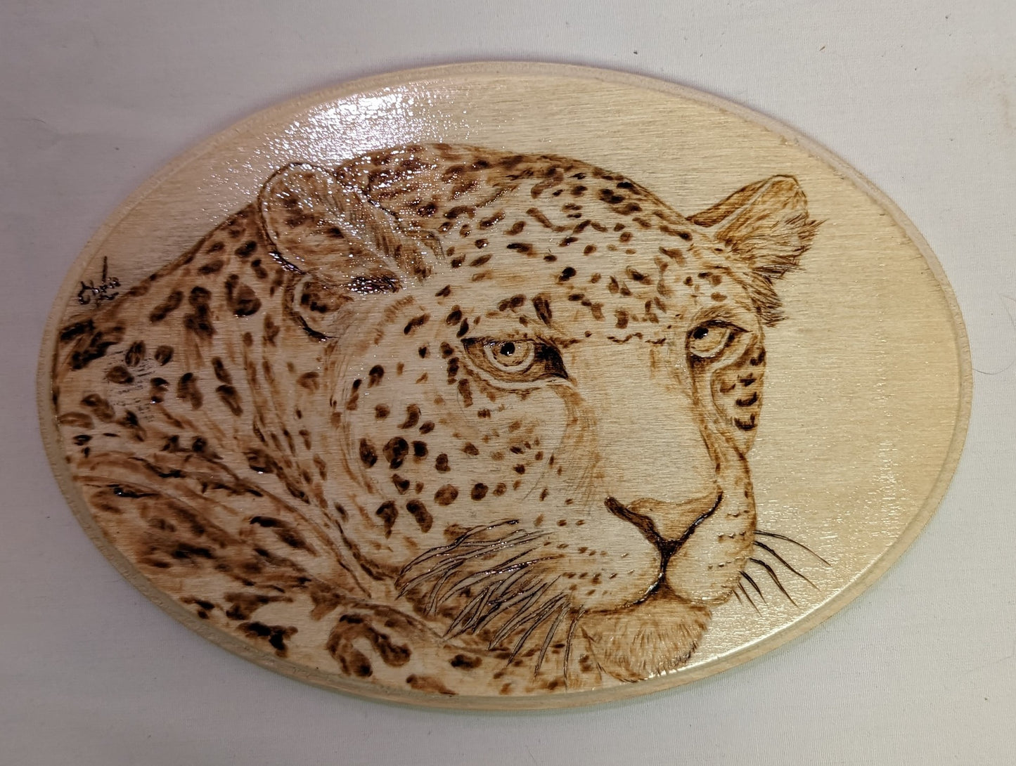 Art Burned in Wood Pyrography Leopard Face Autographed