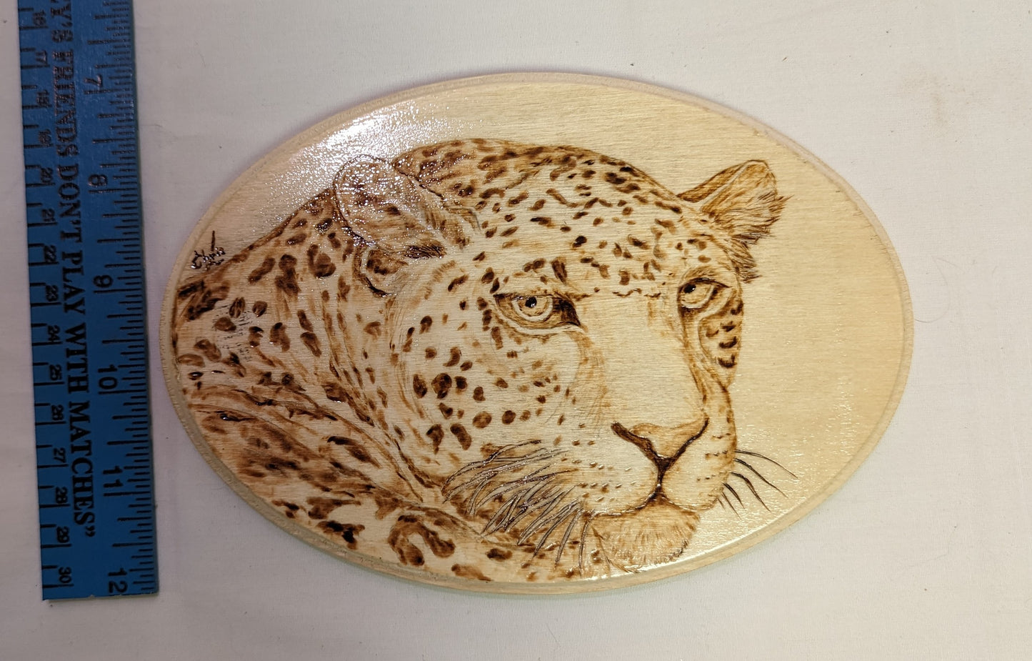 Art Burned in Wood Pyrography Leopard Face Autographed