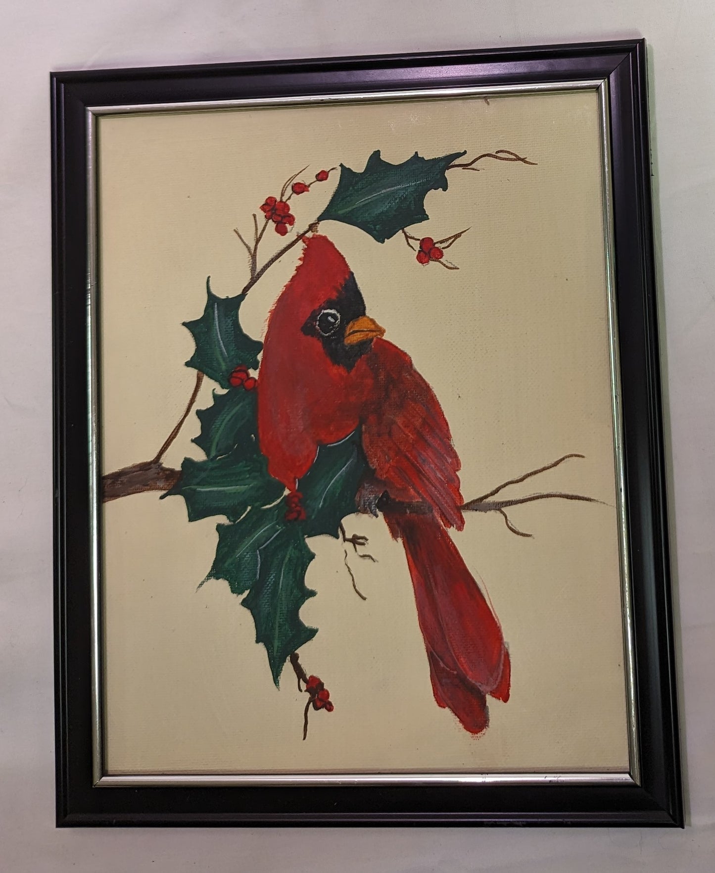 Art Painting Acrylic Redbird Cardinal on Holly Branch on Canvas Board in Frame