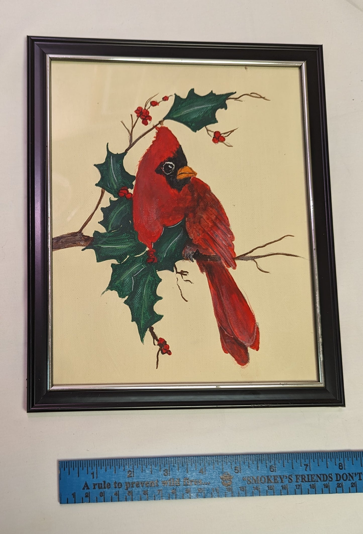 Art Painting Acrylic Redbird Cardinal on Holly Branch on Canvas Board in Frame