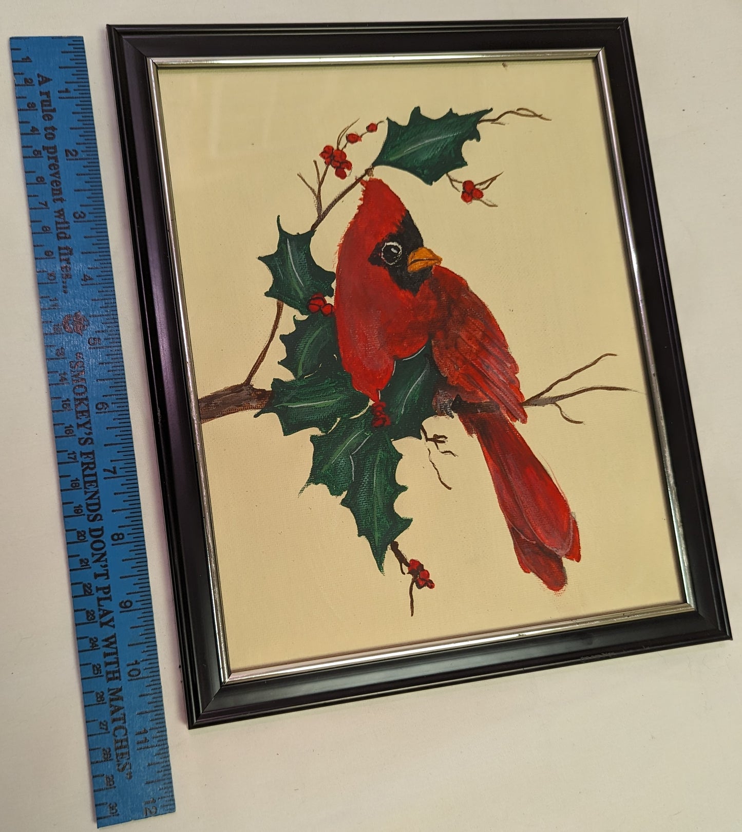 Art Painting Acrylic Redbird Cardinal on Holly Branch on Canvas Board in Frame