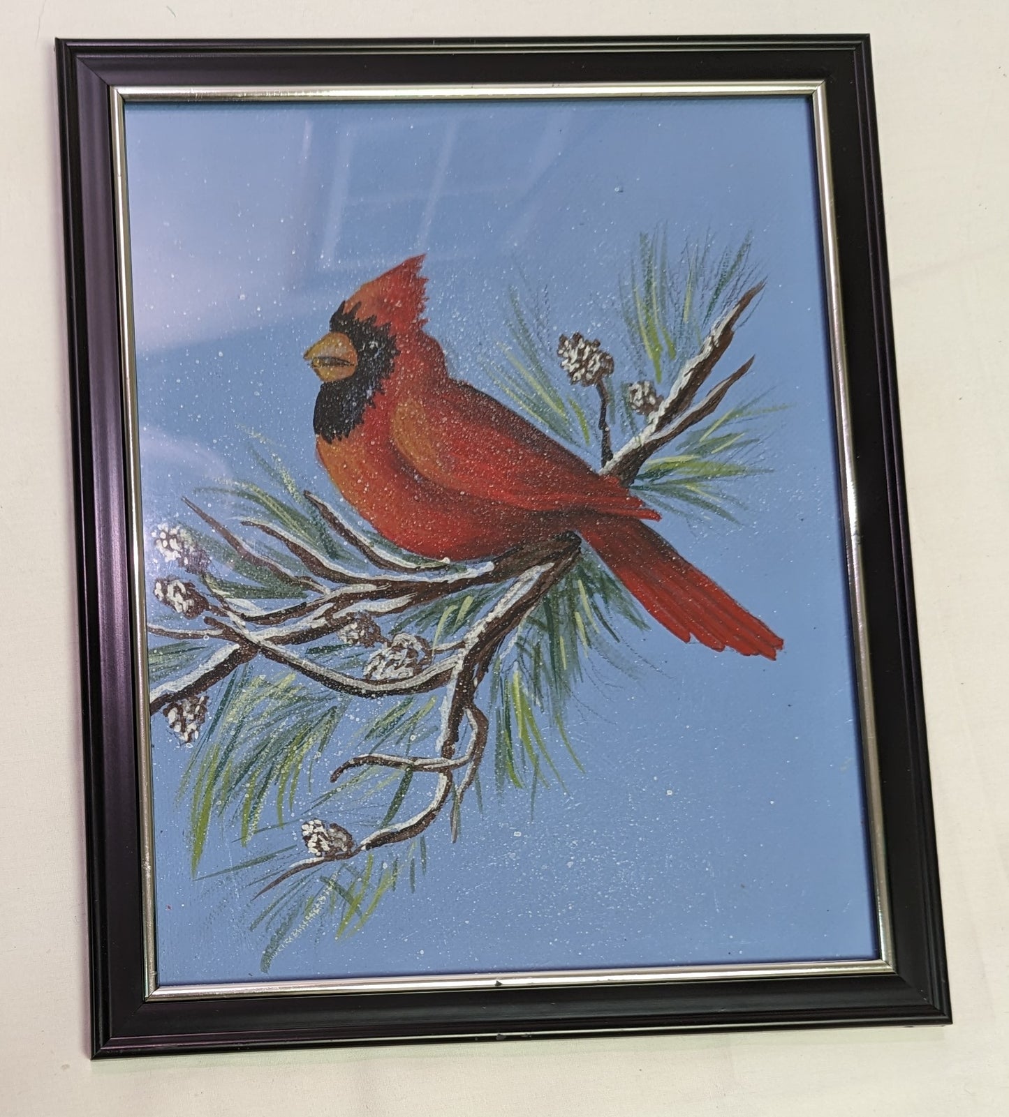 Art Painting Acrylic Paint RedBird Cardinal in Pine Tree on Canvas Board in Frame