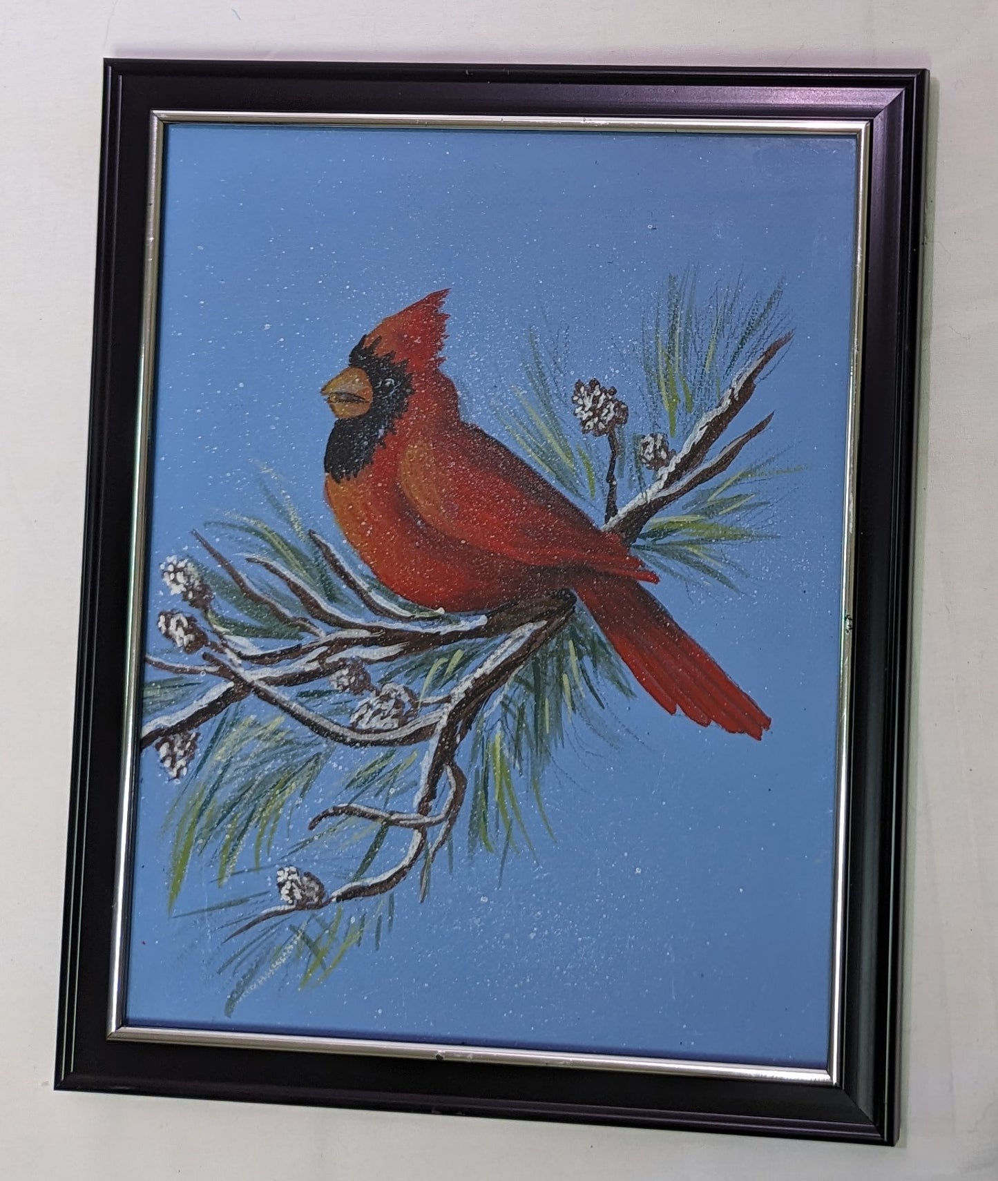 Art Painting Acrylic Paint RedBird Cardinal in Pine Tree on Canvas Board in Frame