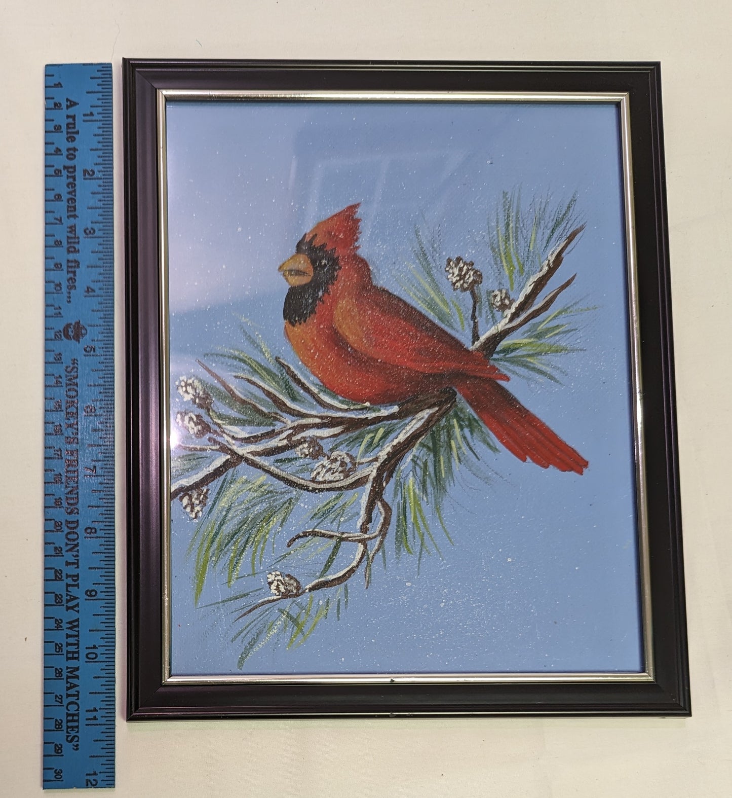 Art Painting Acrylic Paint RedBird Cardinal in Pine Tree on Canvas Board in Frame