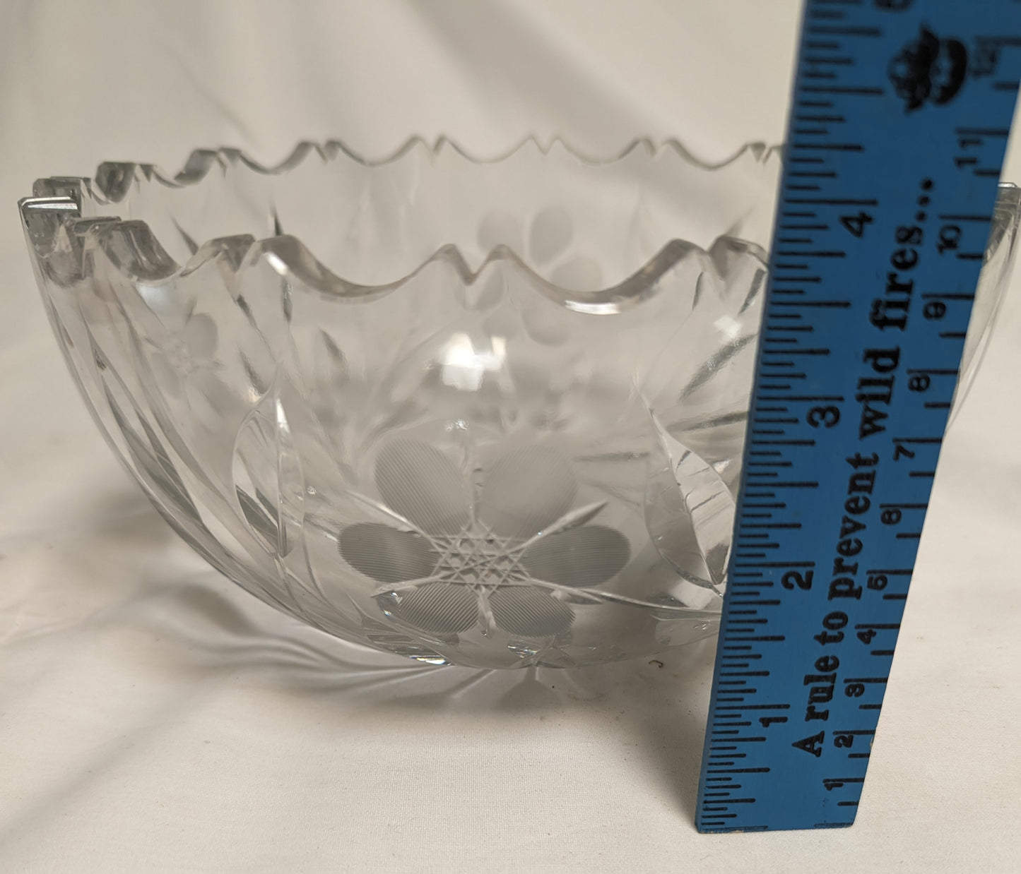 Brilliant APC Heavy Blank Deep Sharpe Etched Cut Spherical Bowl 8" Leaves and flowers