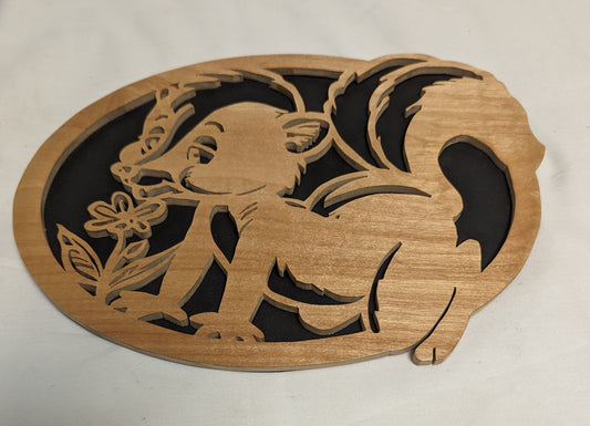 Art Scroll Saw Cut Emblem of Chipmunk smelling flower on plywood