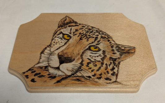 Art Pyrography Color Filled Cheetah Head on wood