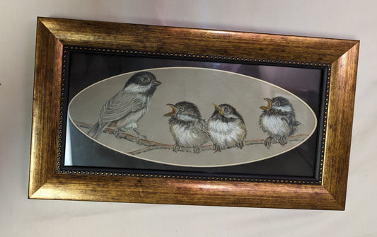 Art Framed Painted Black Capped Chickadee and three Little Chicks on paper