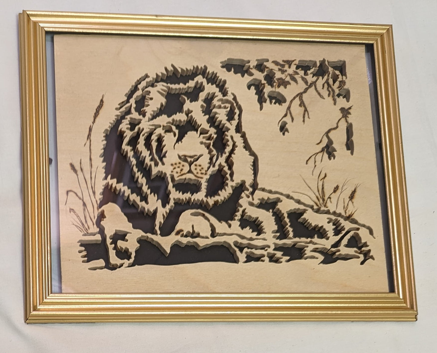 Art Scroll Saw and Pyrography on Wood Male Lion Relaxing under Tree In Frame under Glass