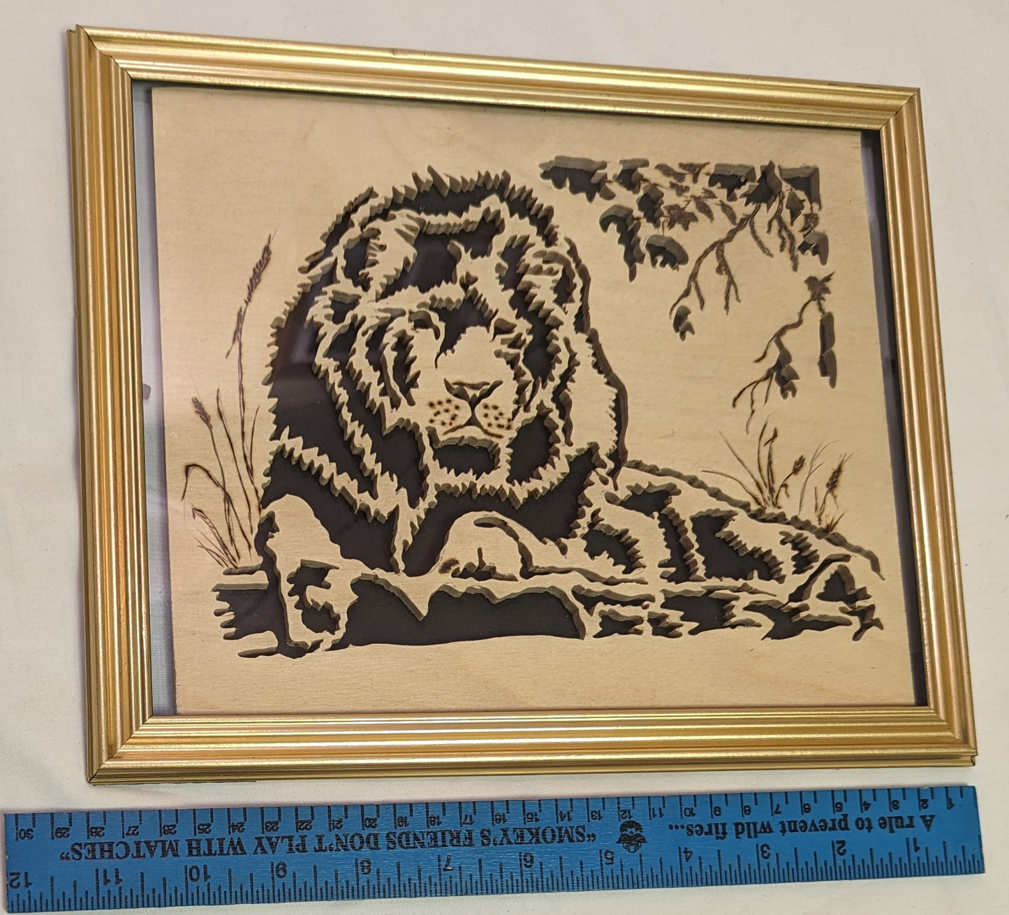 Art Scroll Saw and Pyrography on Wood Male Lion Relaxing under Tree In Frame under Glass