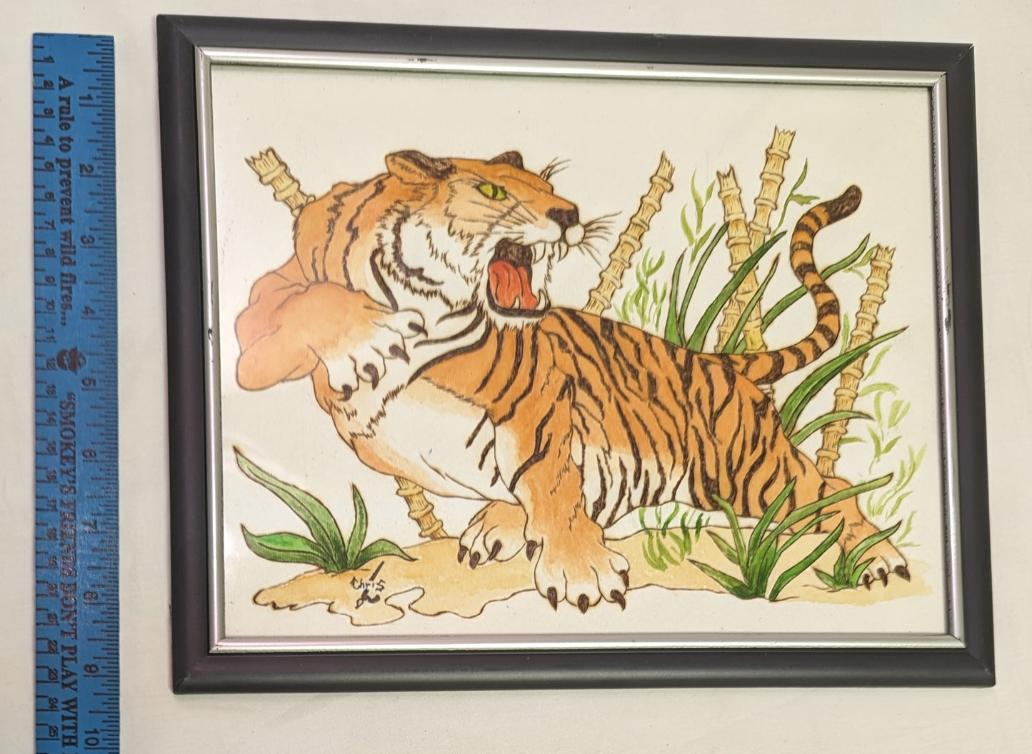 Art Pyrography and colored Tiger in Jungle on wood in Frame w/ Glass