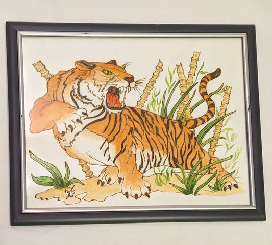 Art Pyrography and colored Tiger in Jungle on wood in Frame w/ Glass