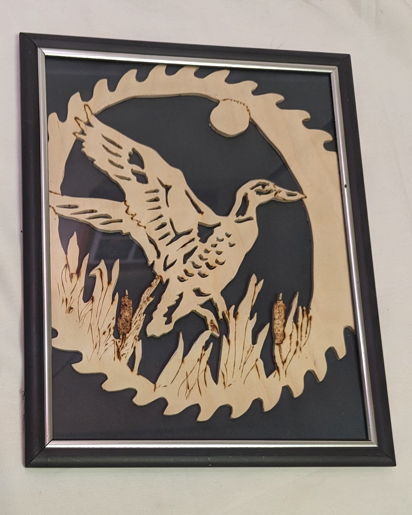 Art Scroll Saw on Wood Duck in Cat Tails in Glass Frame