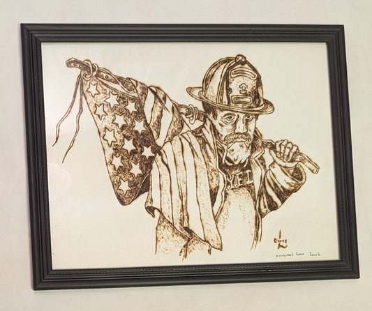 Art Pyrography New York City Fireman holding American Flag
