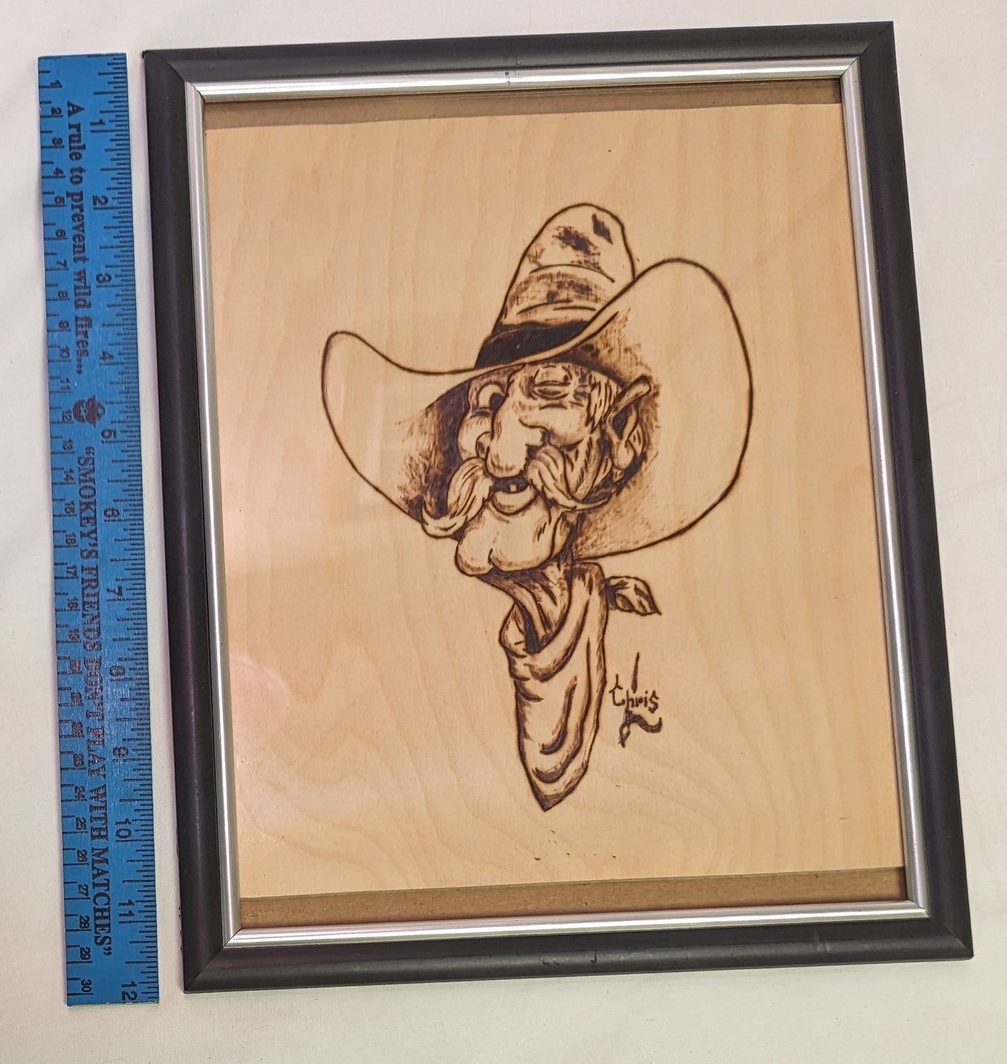 Art Pyrography Funny Cowboy Caricature under glass in Frame
