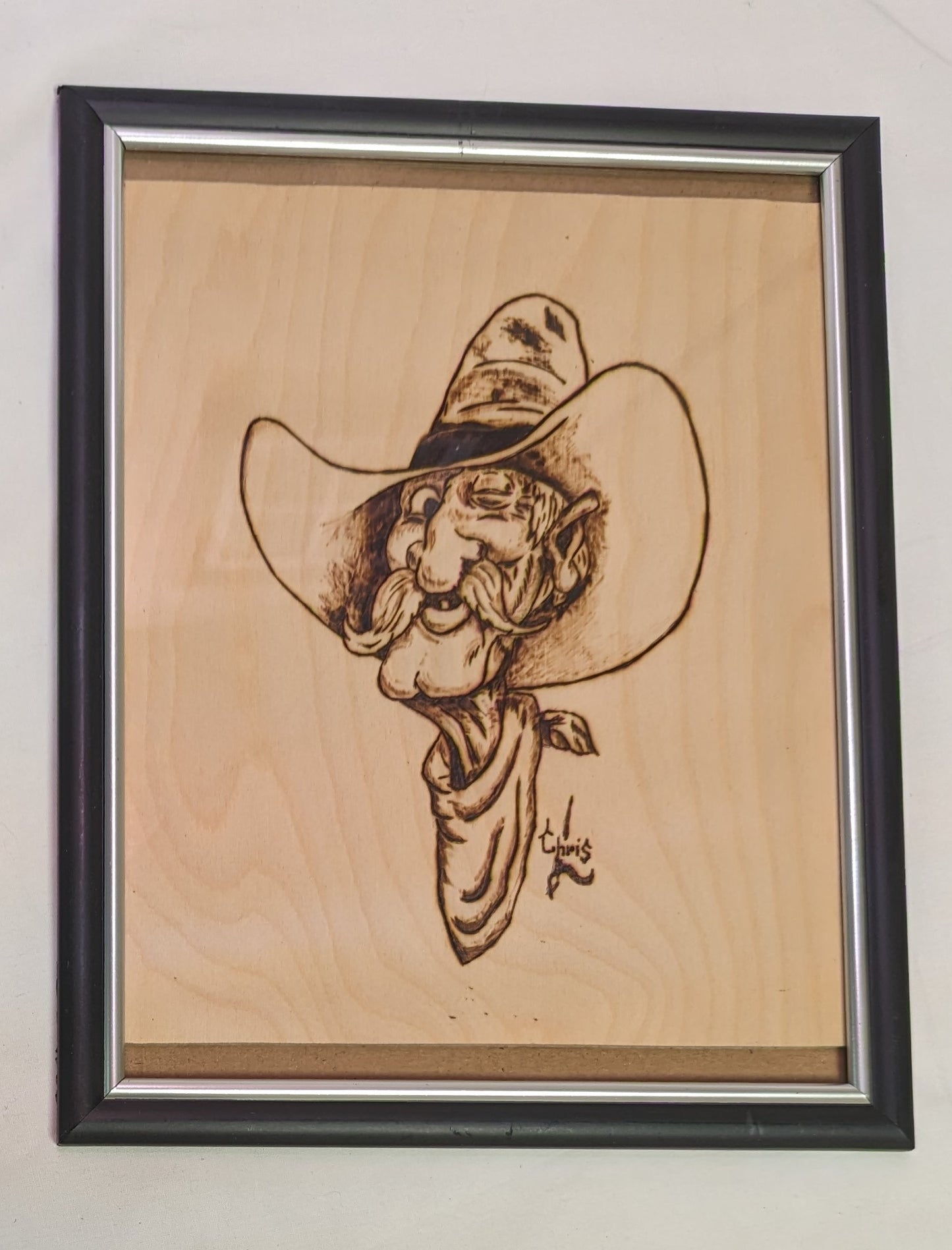 Art Pyrography Funny Cowboy Caricature under glass in Frame