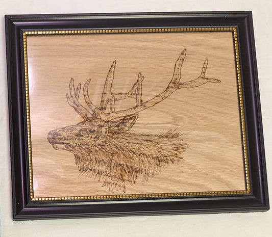 Art Pyrography burned on wood" EAlk Head " in frame under glass Cabin Wall Decor