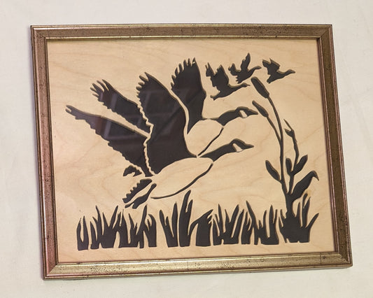 Art Scroll Hand Sawed Canadian Geese in Flight heavy wood in frame and glass