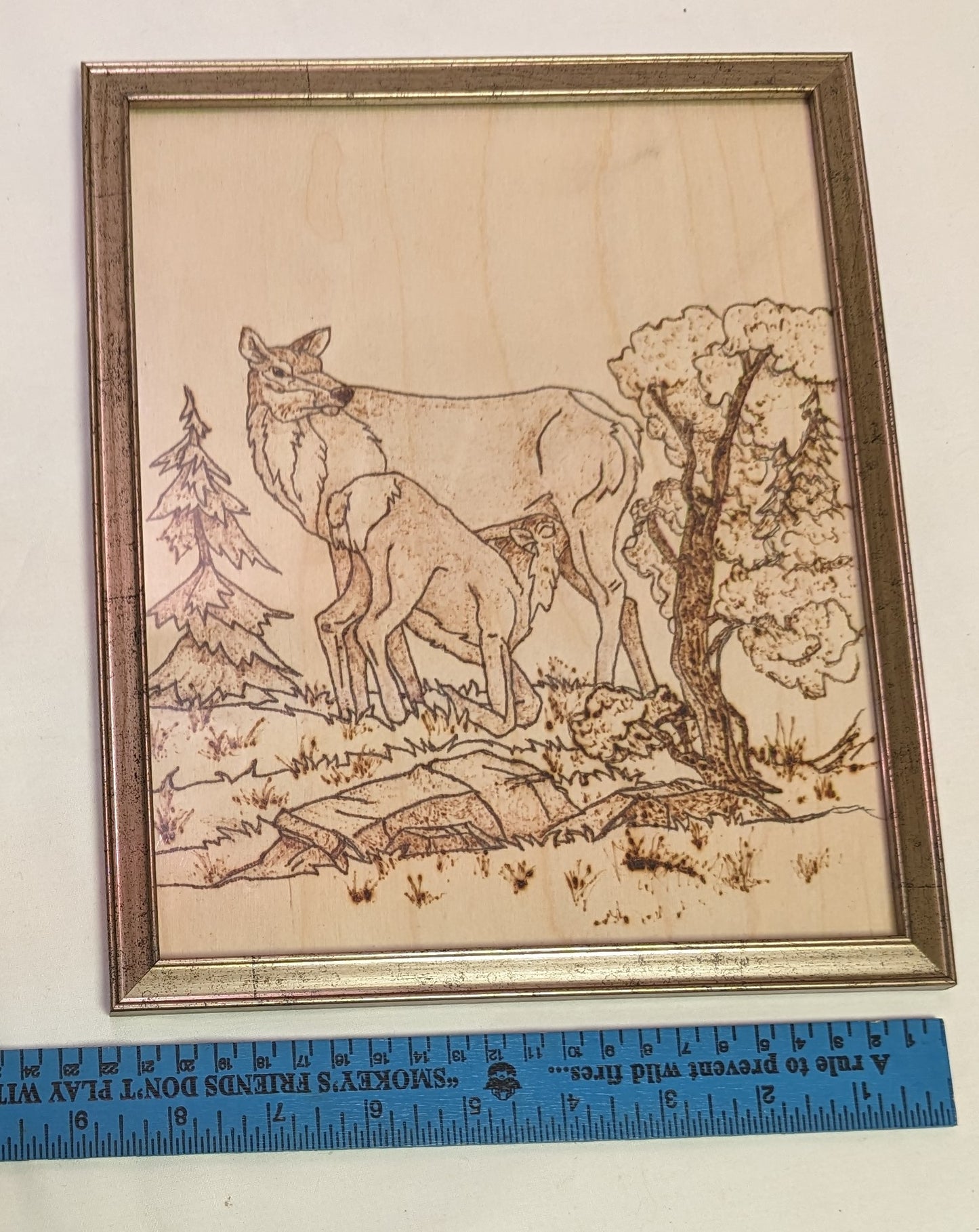 Art Pyrography hand burned on wood Fawn Suckling Doe in frame
