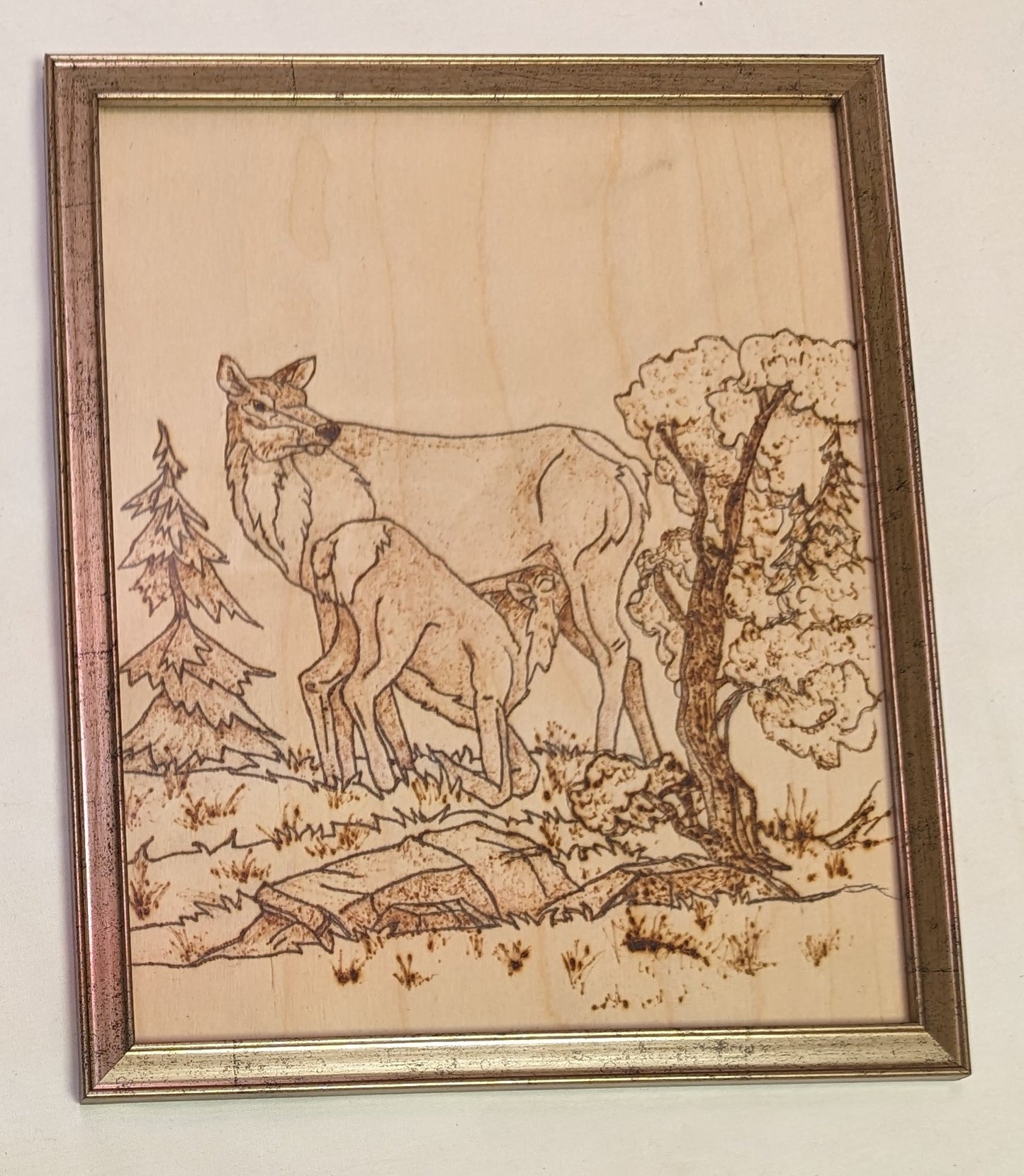 Art Pyrography hand burned on wood Fawn Suckling Doe in frame