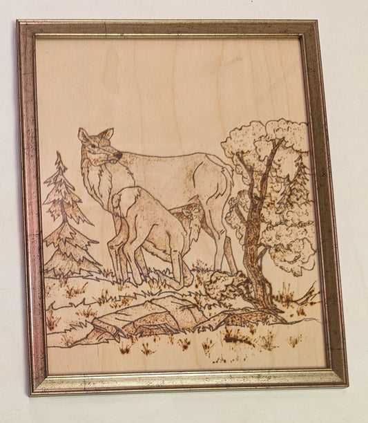 Art Pyrography hand burned on wood Fawn Suckling Doe in frame