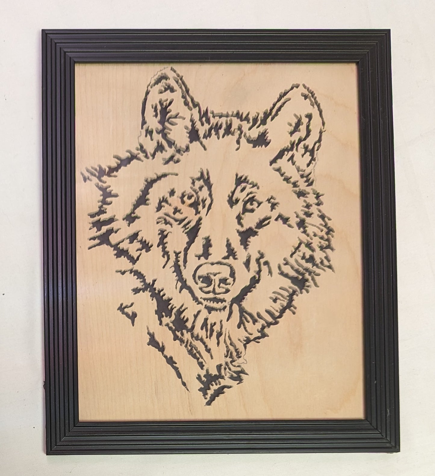 Art Scroll Sawed by Hand Wolf Head on wood in Frame