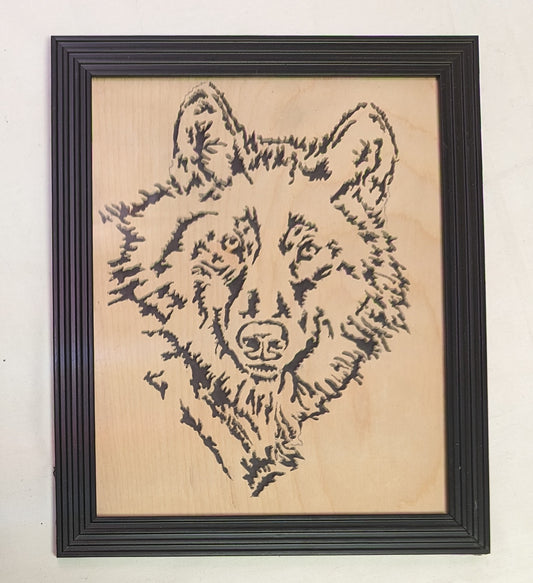 Art Scroll Sawed by Hand Wolf Head on wood in Frame