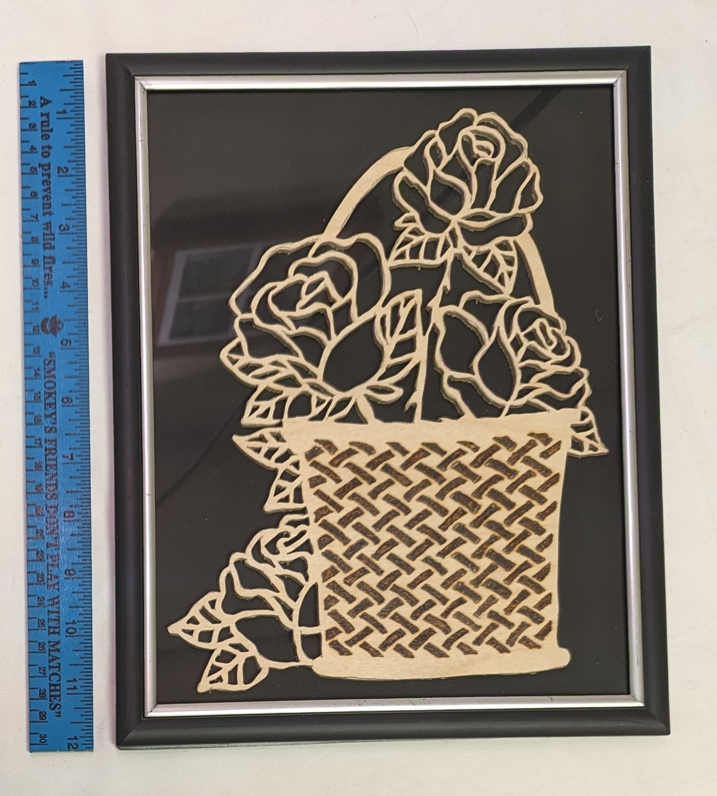Art Scroll Saw Pyrography Hand Cut Out Flowers in Basket in Wood In frame under glass