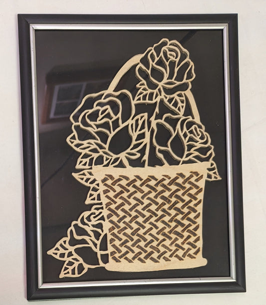 Art Scroll Saw Pyrography Hand Cut Out Flowers in Basket in Wood In frame under glass
