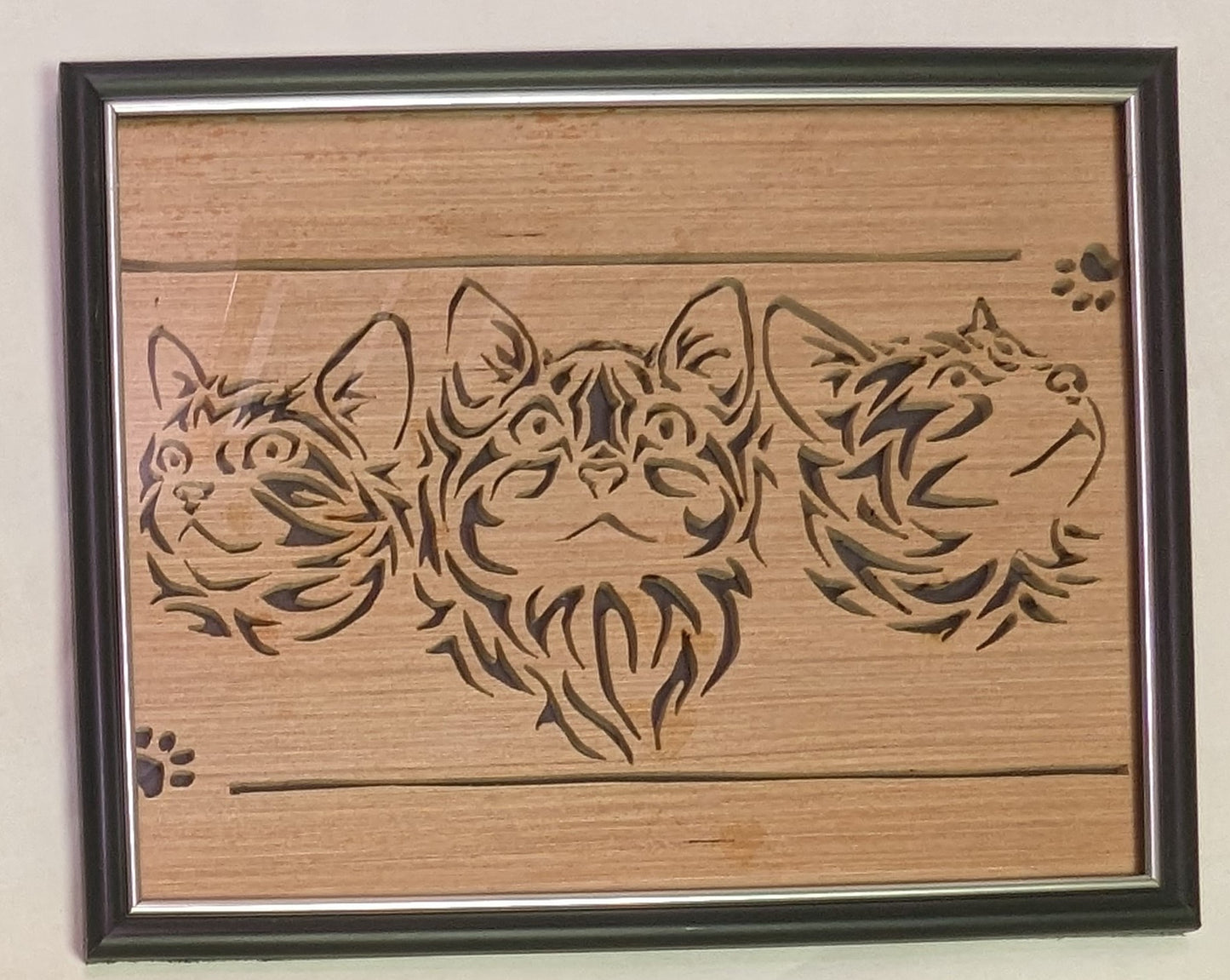 Art Scroll Saw Hand Cut out Three Kittens on wood in frame under glass