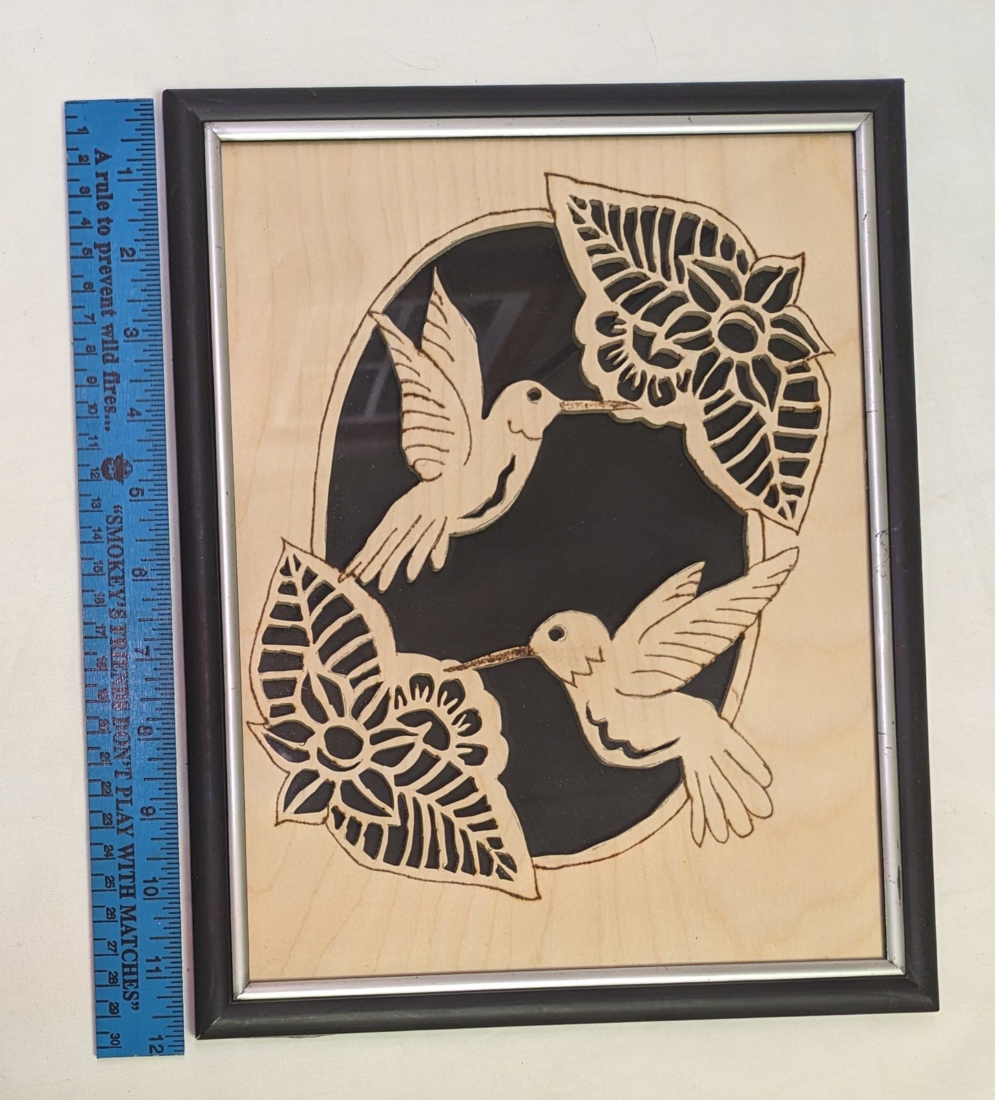 Art Scroll Saw Hand Cut Out Silhouette Humming Birds in Tropical Flowers on wood in a glassed frame