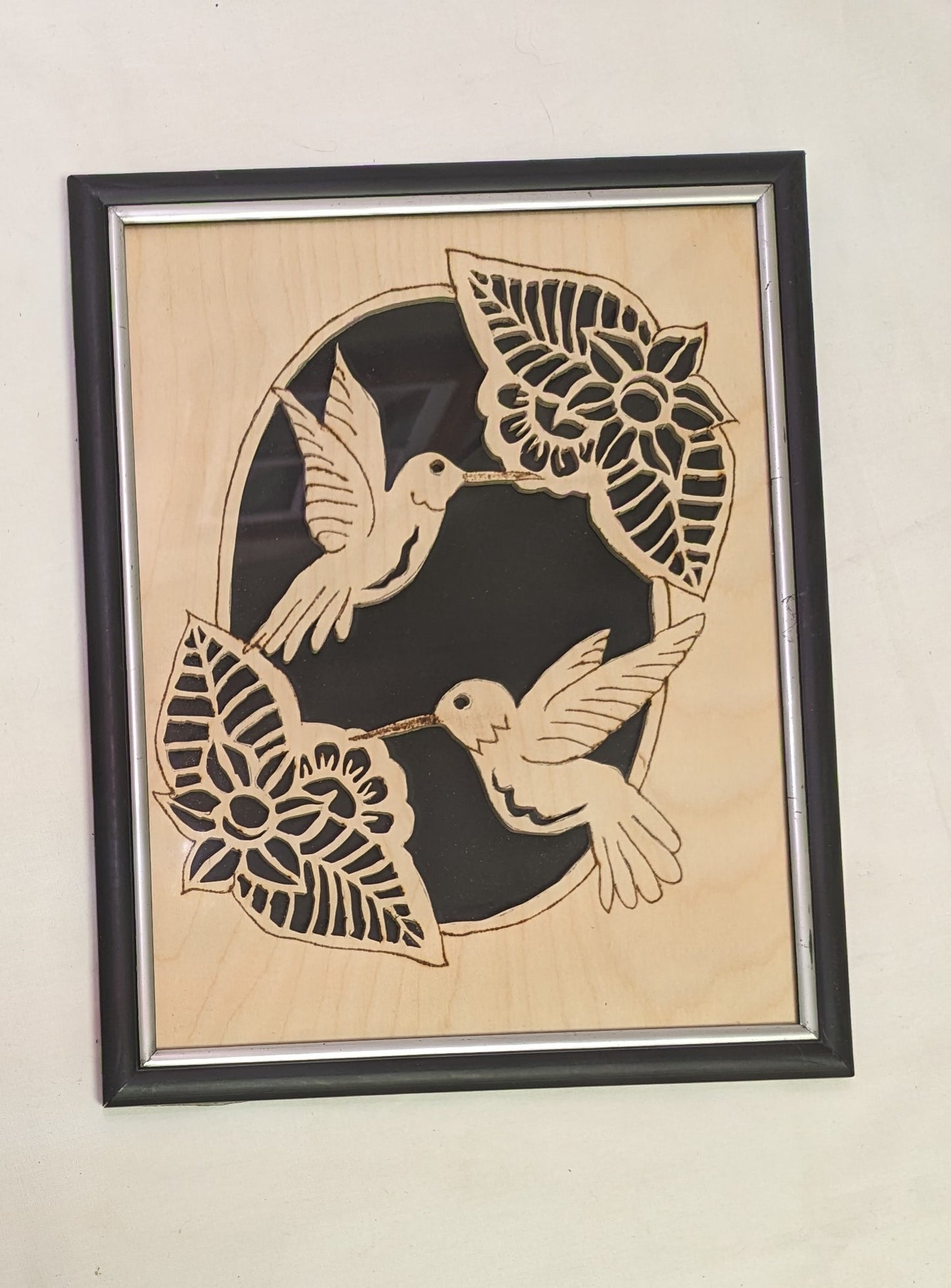 Art Scroll Saw Hand Cut Out Silhouette Humming Birds in Tropical Flowers on wood in a glassed frame
