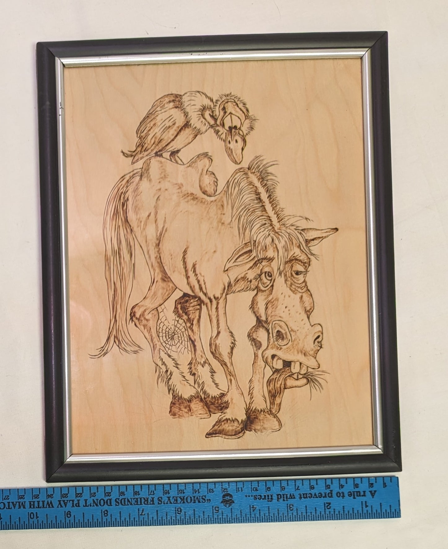 Art Pyrography Hand Burned on wood Sad Horse and Buzzard Caricature under glass in Frame