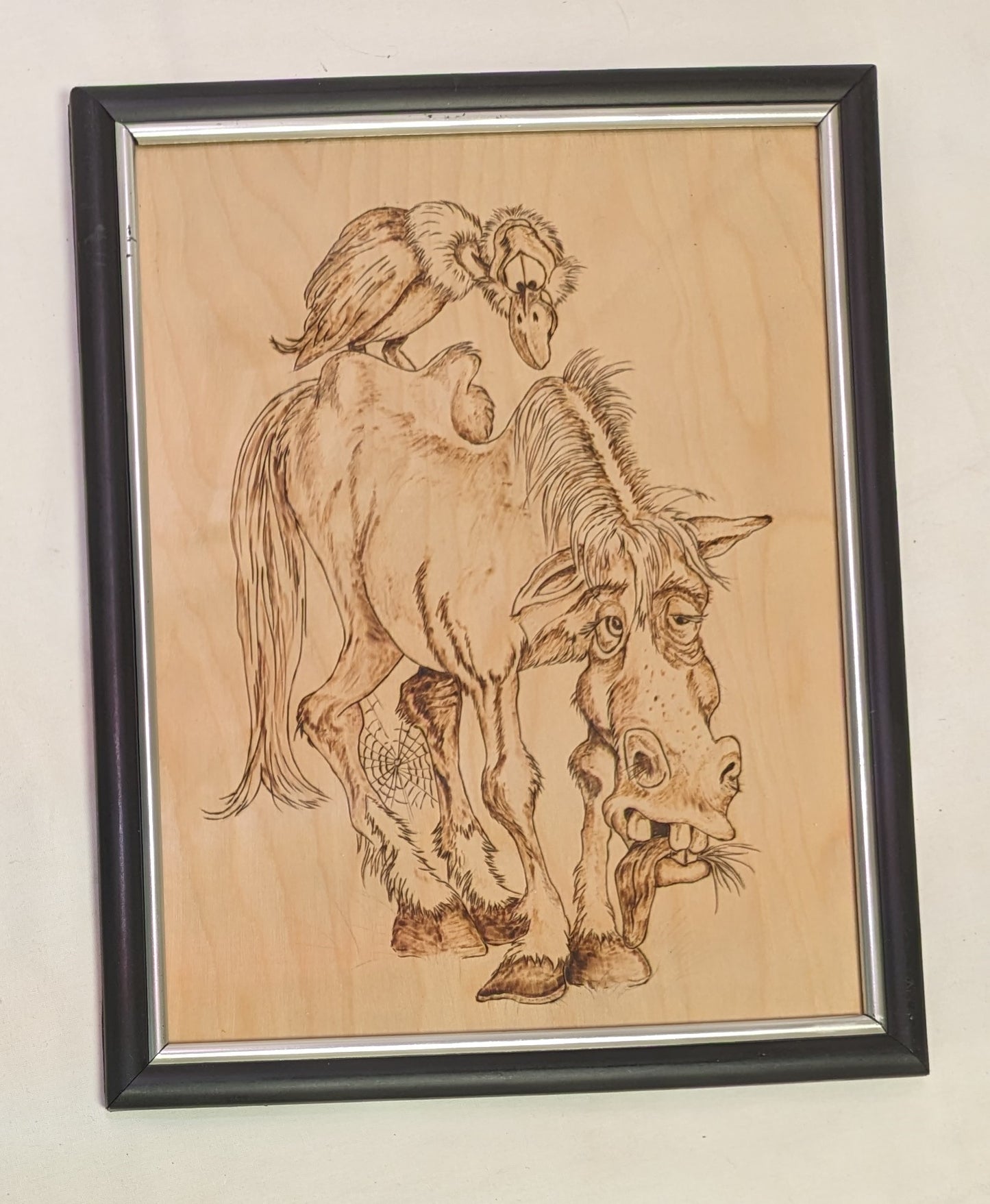 Art Pyrography Hand Burned on wood Sad Horse and Buzzard Caricature under glass in Frame