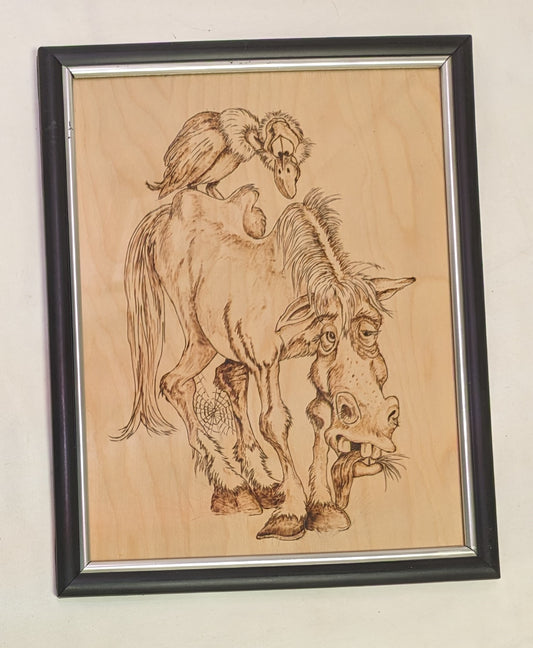 Art Pyrography Hand Burned on wood Sad Horse and Buzzard Caricature under glass in Frame