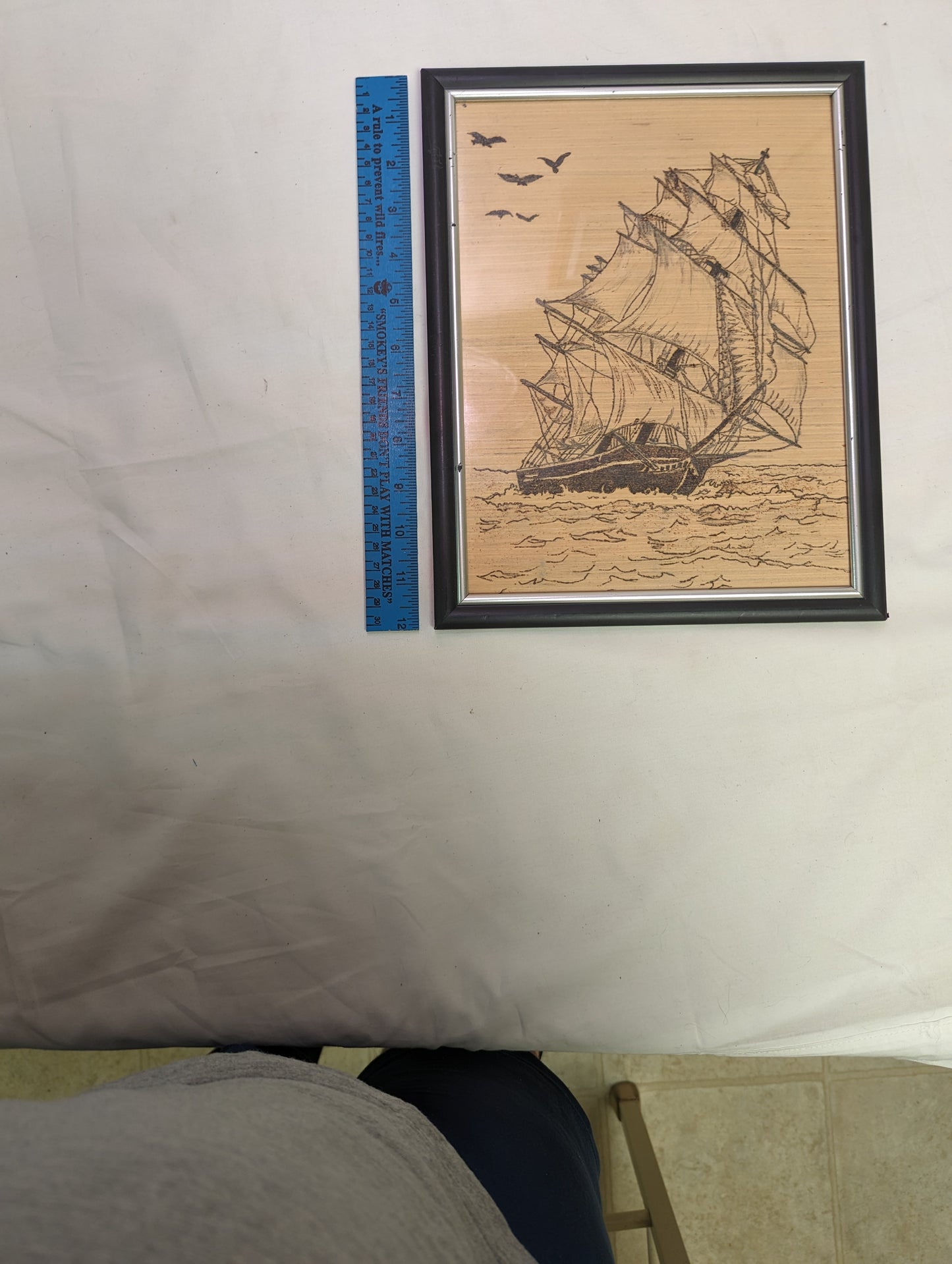 Art Hand Pyrography on wood Ship on the water in frame under glass