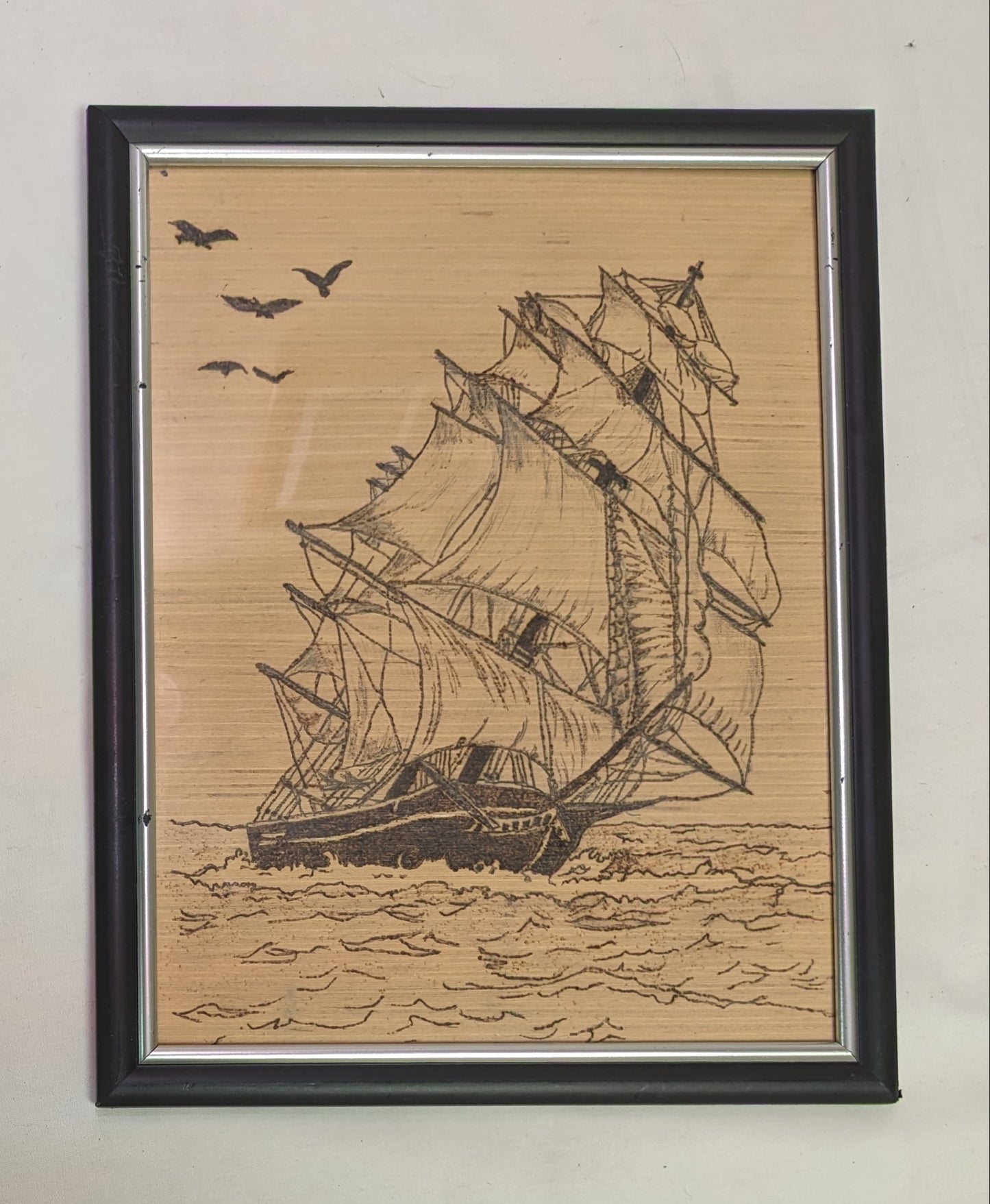 Art Hand Pyrography on wood Ship on the water in frame under glass