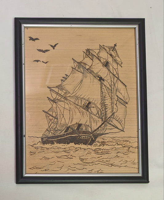 Art Hand Pyrography on wood Ship on the water in frame under glass