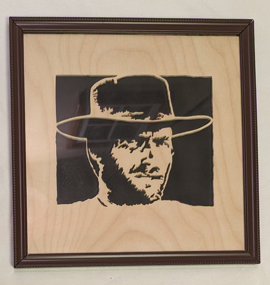 Art Hand Cut Scroll Sawed Clint Eastwood For a Few Dollars More in frame under glass