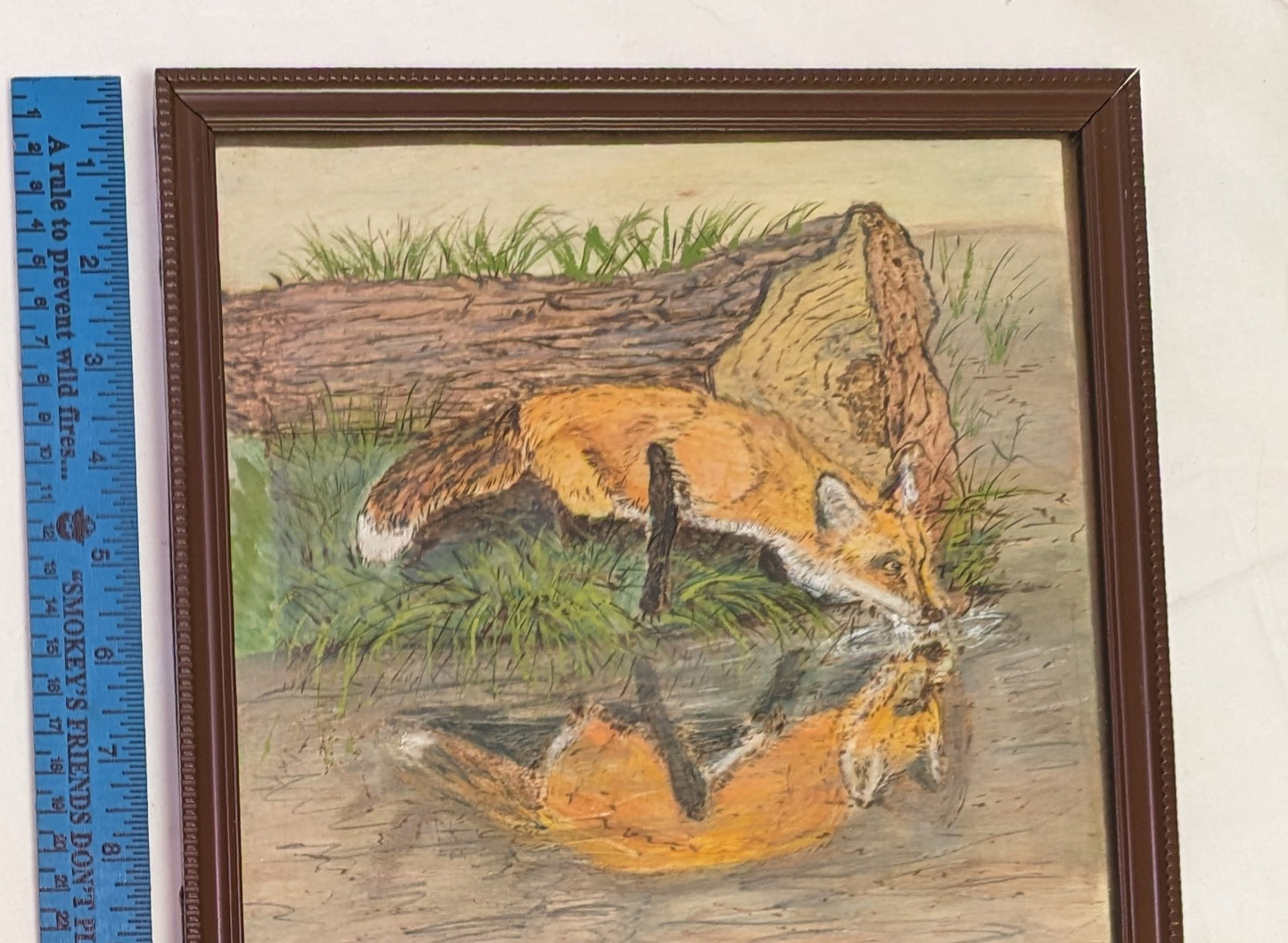 Art Pyrography Hand Burned Colored on Wood Fox drinking from stream in frame under glass