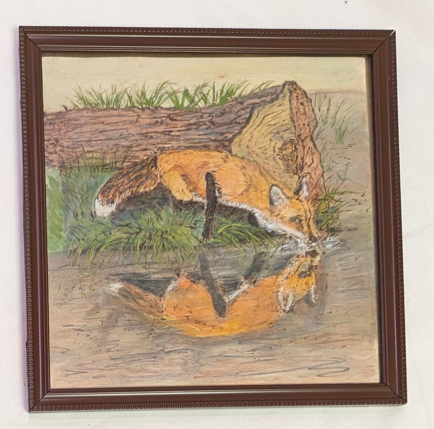 Art Pyrography Hand Burned Colored on Wood Fox drinking from stream in frame under glass
