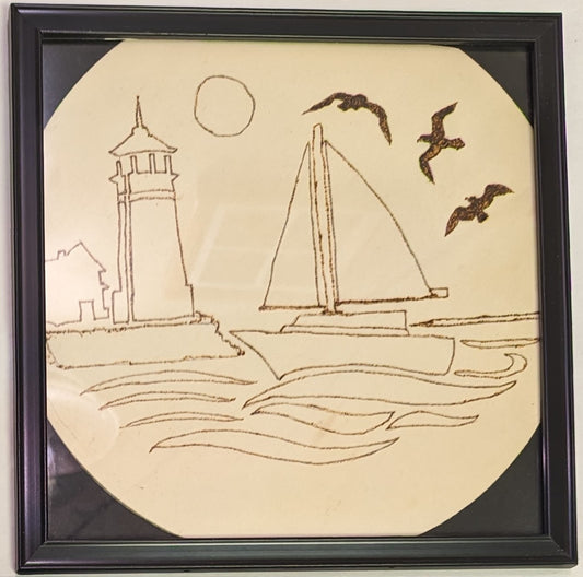 Art Pyrography Hand Burned on Wood Sailboat and lighthouse under glass in frame