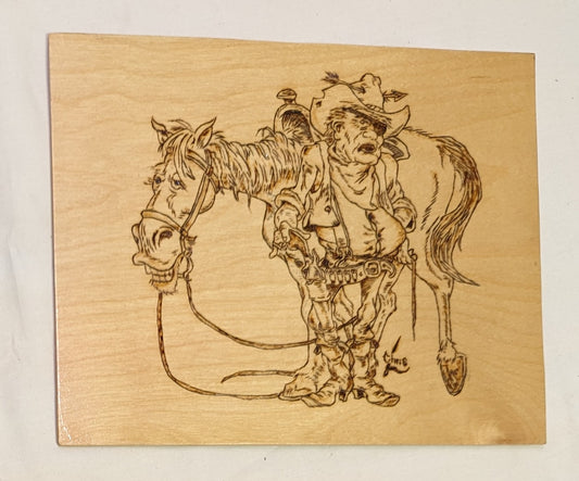Art Pyrography of a Nate Owens Caricature of John Wayne in True Grit burned on Wood