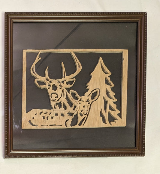 Art Scroll Sawed Cut Out Deer and Tree Emblem In Frame and Glass