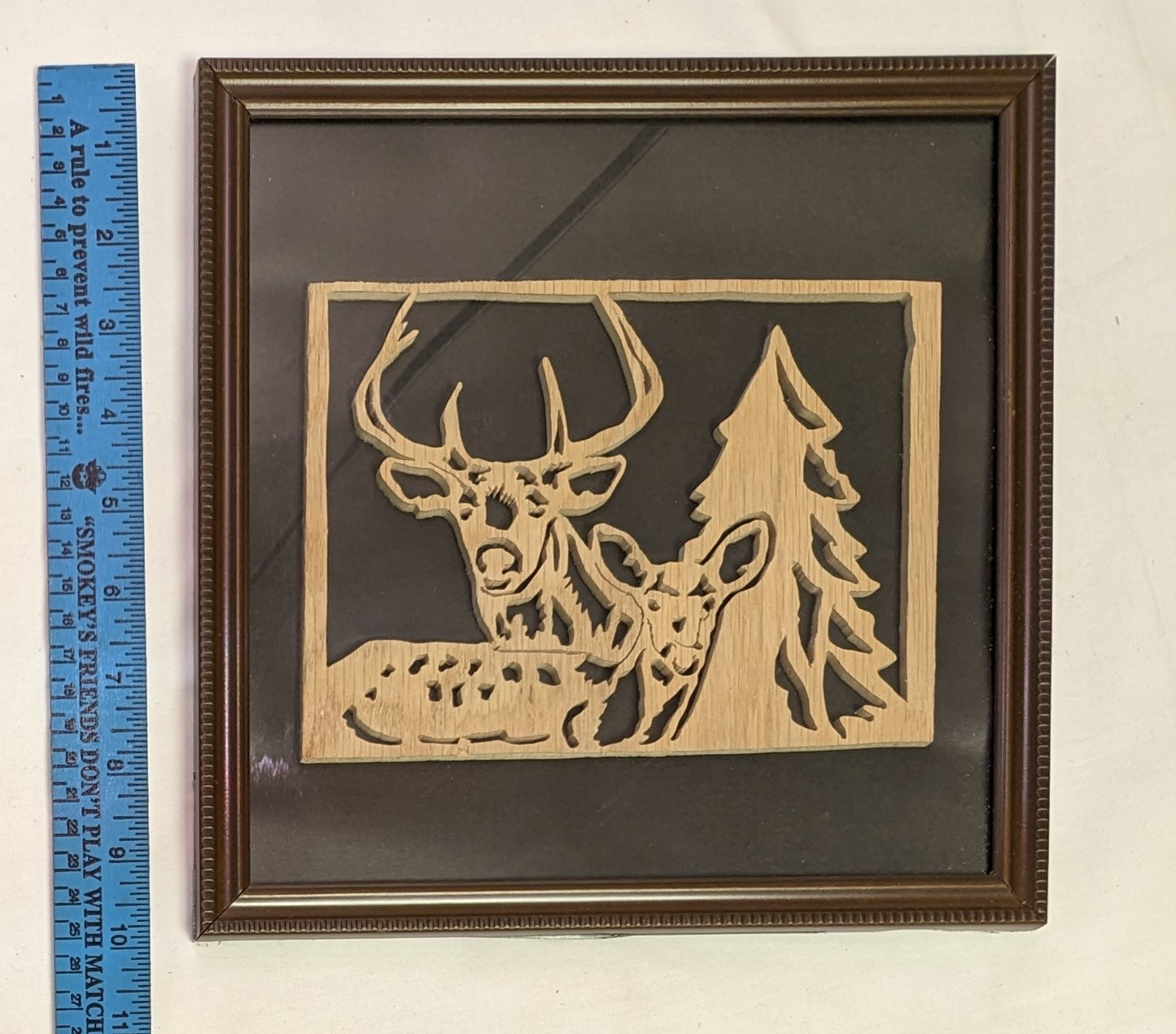 Art Scroll Sawed Cut Out Deer and Tree Emblem In Frame and Glass