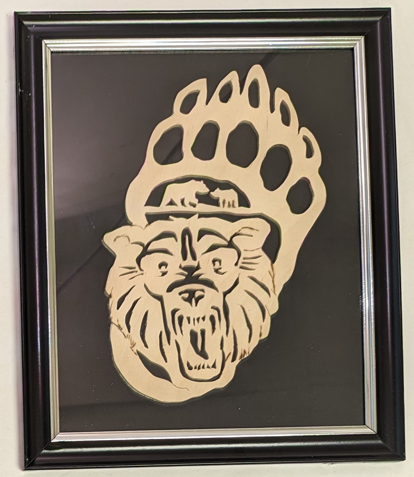 Art Hand Scroll Sawed Cut Out Bear in Foot Bear and Cub  Emblem in Frame under Glass