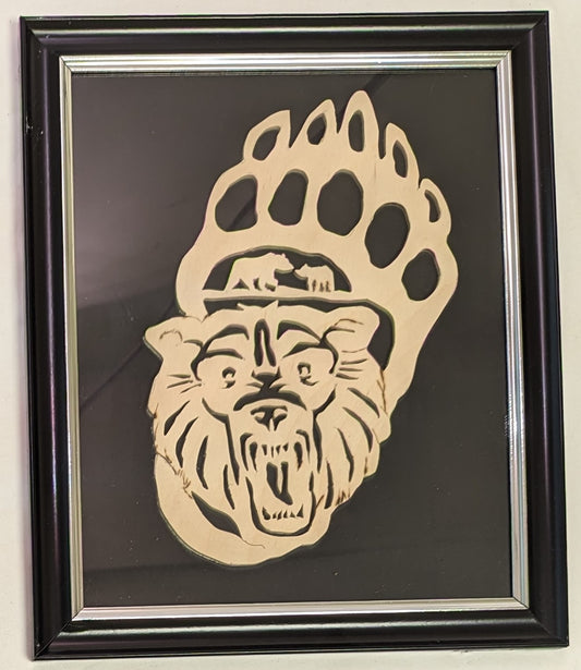 Art Hand Scroll Sawed Cut Out Bear in Foot Bear and Cub  Emblem in Frame under Glass