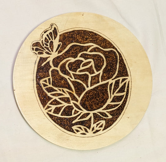 Art Pyrogrpahy on wood Butterfly on Rose on round
