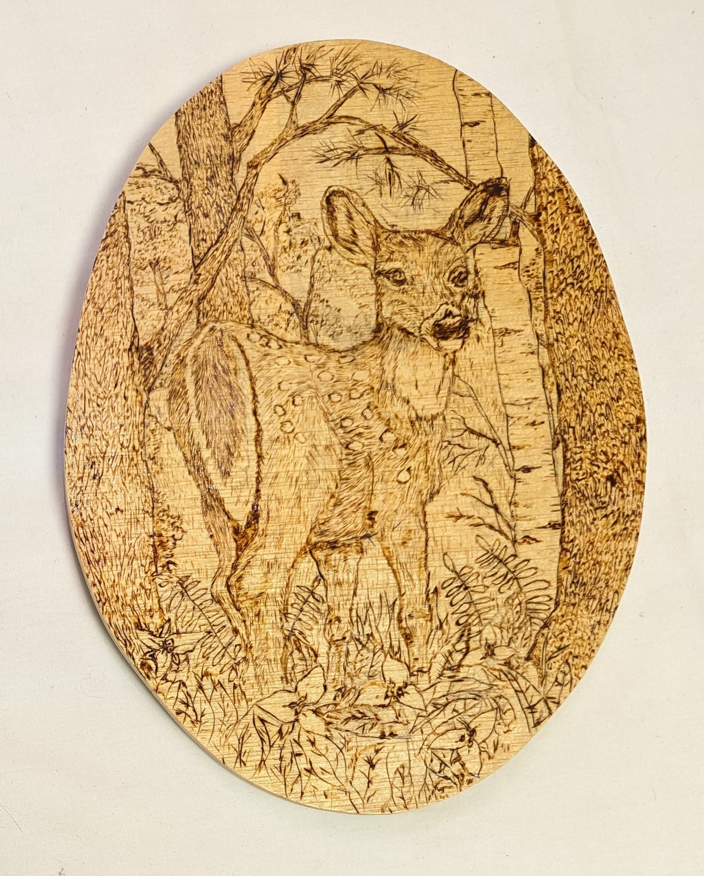 Art Pyrography om wood "Dear Fawn in Forrest" Oval Hanger